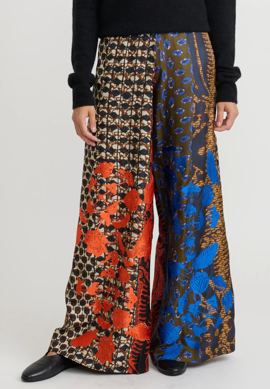 Biyan Pants | Embroidered Silk Print Pant In Blue And Orange