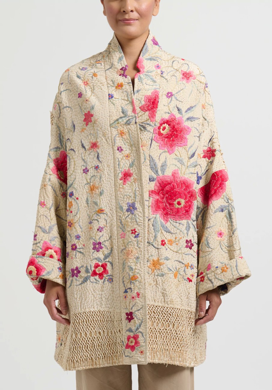 By Walid One Of A Kind | Silk Piano Shawl Basma Coat In Ivory & Pink Flowers