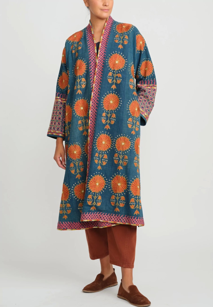 Mehmet Cetinkaya Decorative Coats | Antique Uzbek Silk Embroidered Chapan Robe In Blue & Coral Flowers