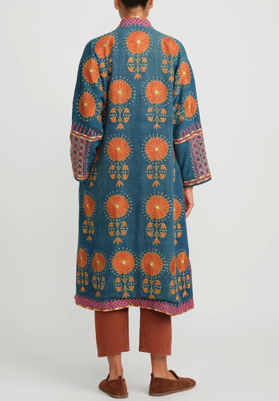 Mehmet Cetinkaya Decorative Coats | Antique Uzbek Silk Embroidered Chapan Robe In Blue & Coral Flowers