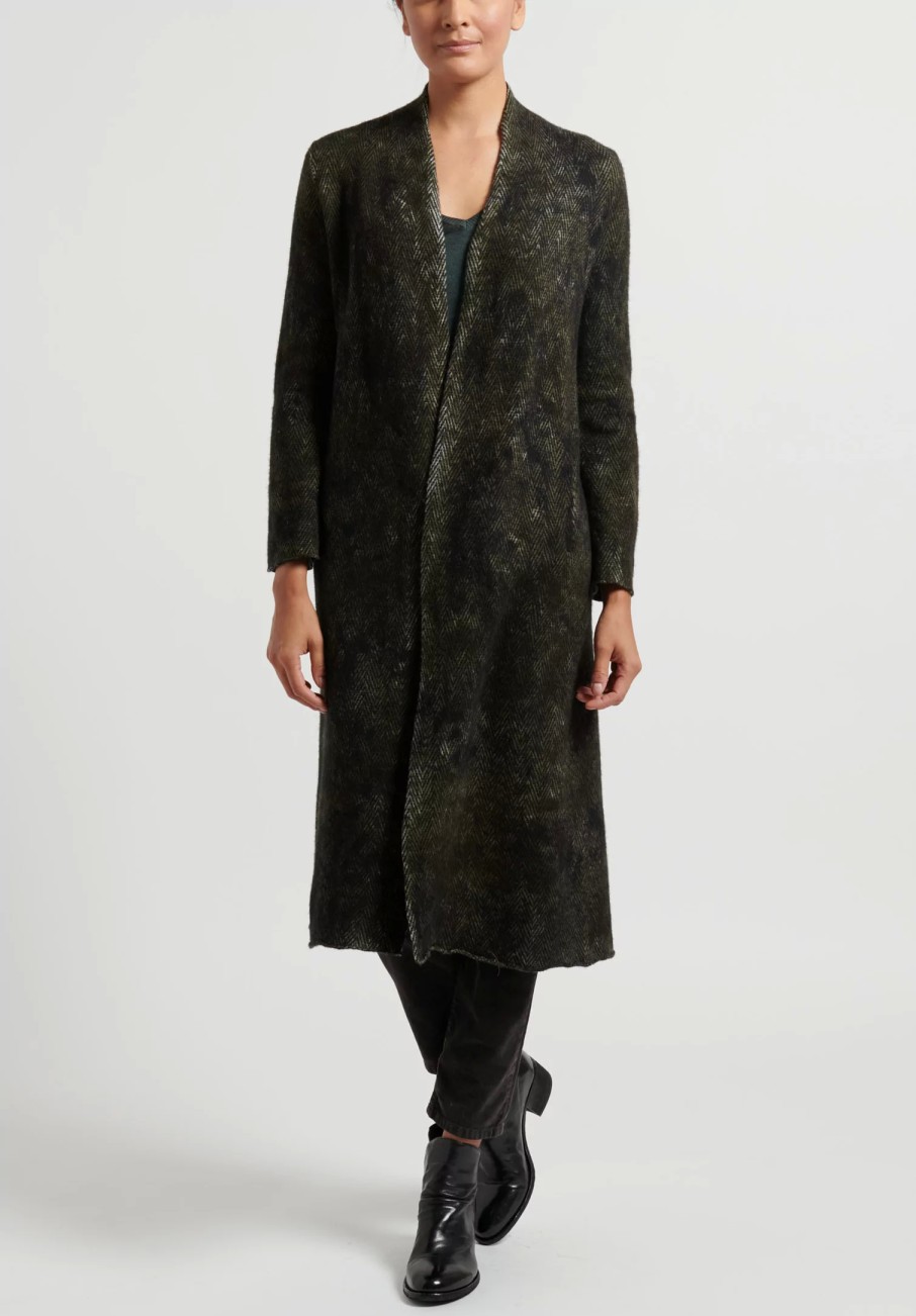 Avant Toi Knitwear | Hand-Painted Cashmere & Wool Herringbone Duster In Nero Moss Green