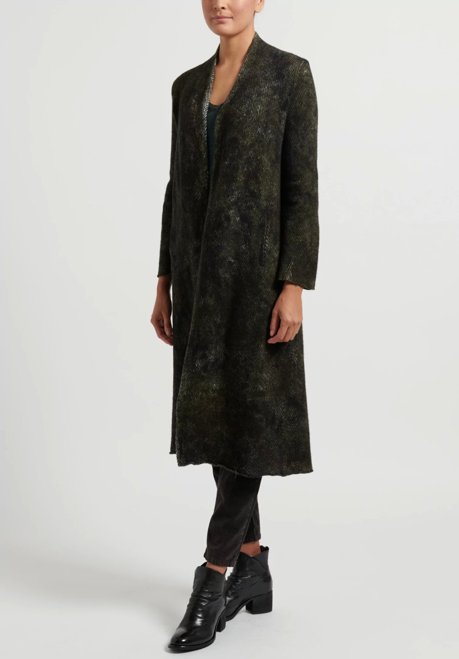 Avant Toi Knitwear | Hand-Painted Cashmere & Wool Herringbone Duster In Nero Moss Green