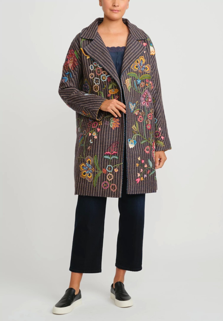 Péro Decorative Coats | Floral Embroidered Wool Double Breasted Coat In Brown Check