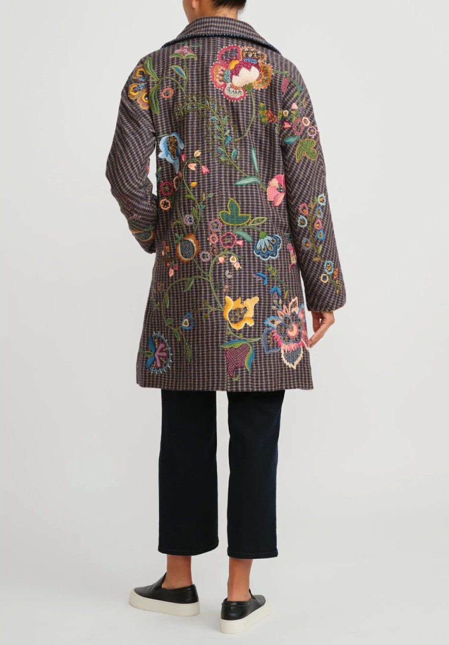 Péro Decorative Coats | Floral Embroidered Wool Double Breasted Coat In Brown Check