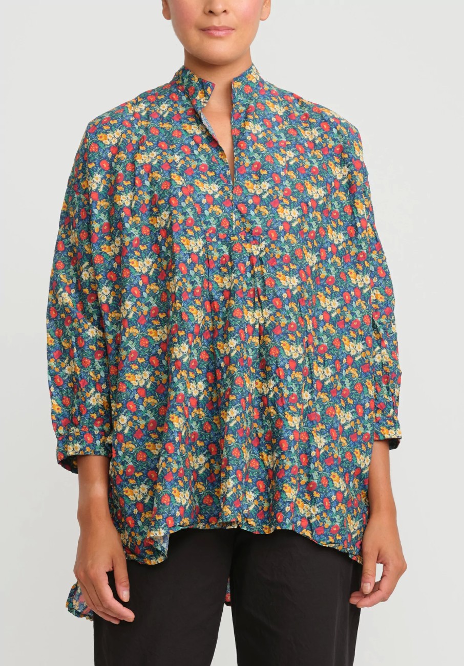 Daniela Gregis Tops | Washed Cotton Kora Top In Blue, Orange & Red Flowers