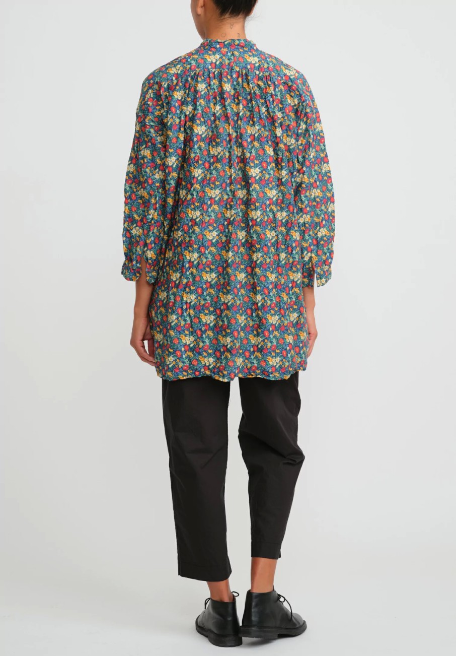 Daniela Gregis Tops | Washed Cotton Kora Top In Blue, Orange & Red Flowers