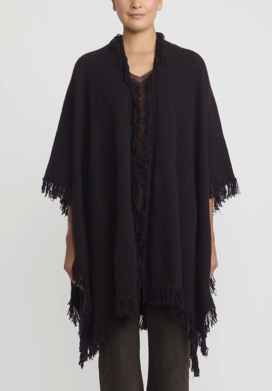 Lainey Keogh Ponchos | Cashmere Hand-Knit Fringed Poncho Cardigan In Black Currant & Chocolate Brown