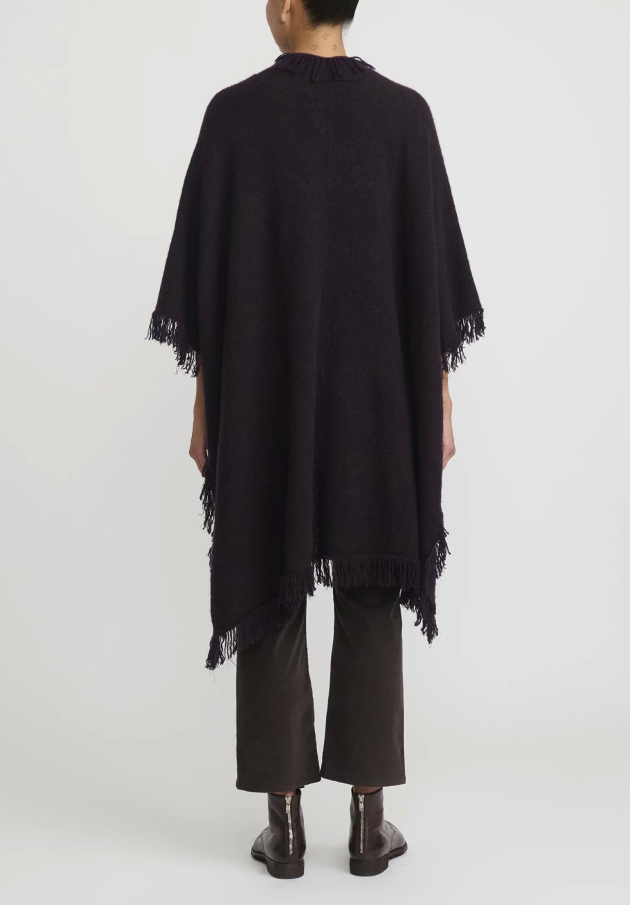 Lainey Keogh Ponchos | Cashmere Hand-Knit Fringed Poncho Cardigan In Black Currant & Chocolate Brown