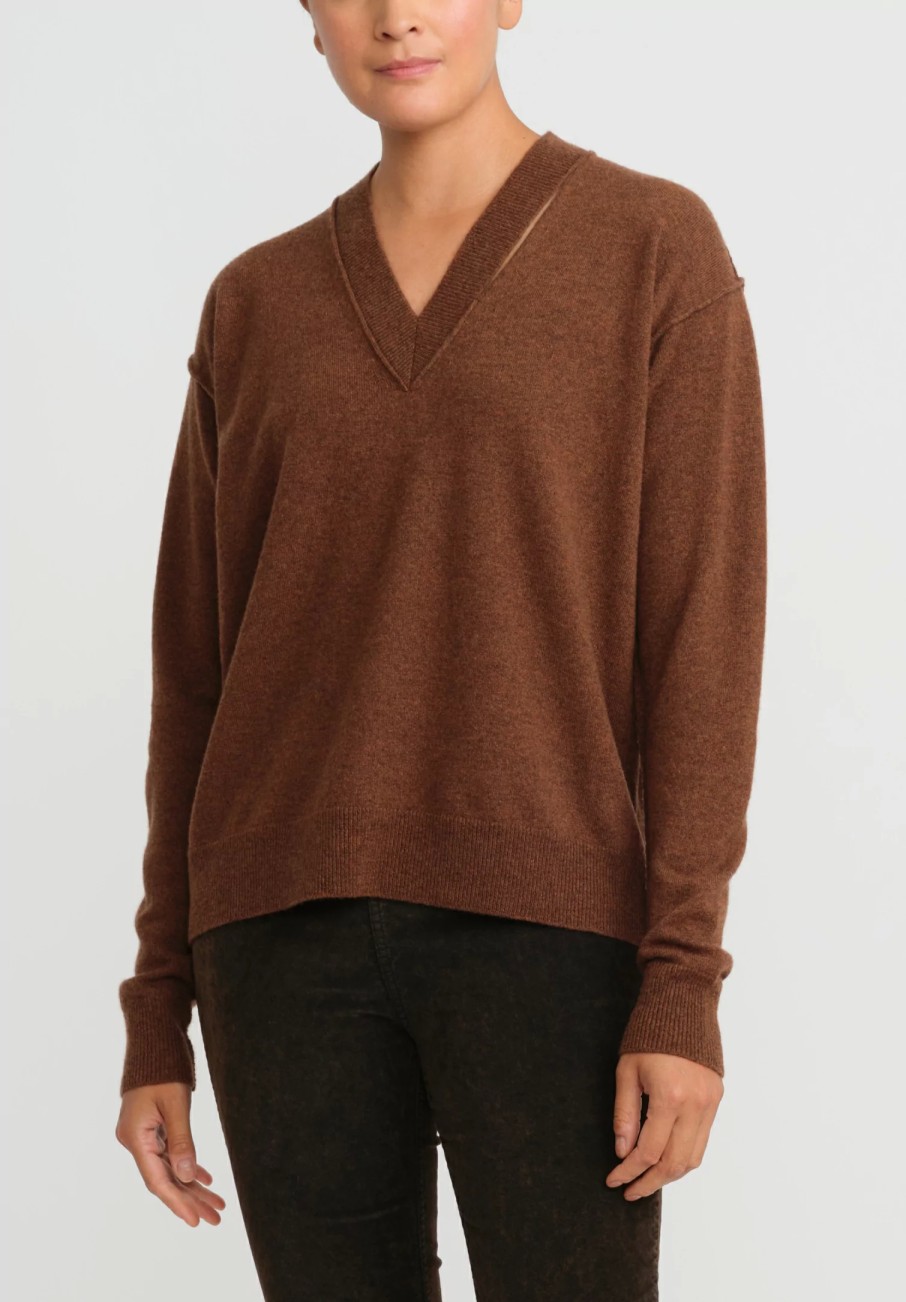 Uma Wang Knitwear | Cashmere Slit V-Neck Sweater In Mustard Brown