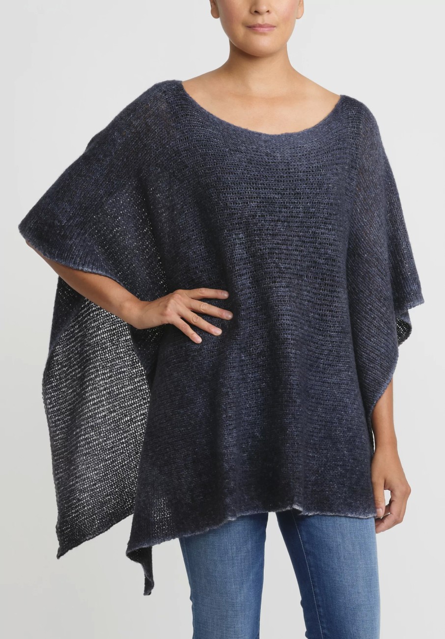 Avant Toi Ponchos | Hand-Painted Cashmere & Silk Loose Knit Poncho In Nero Midnight Blue