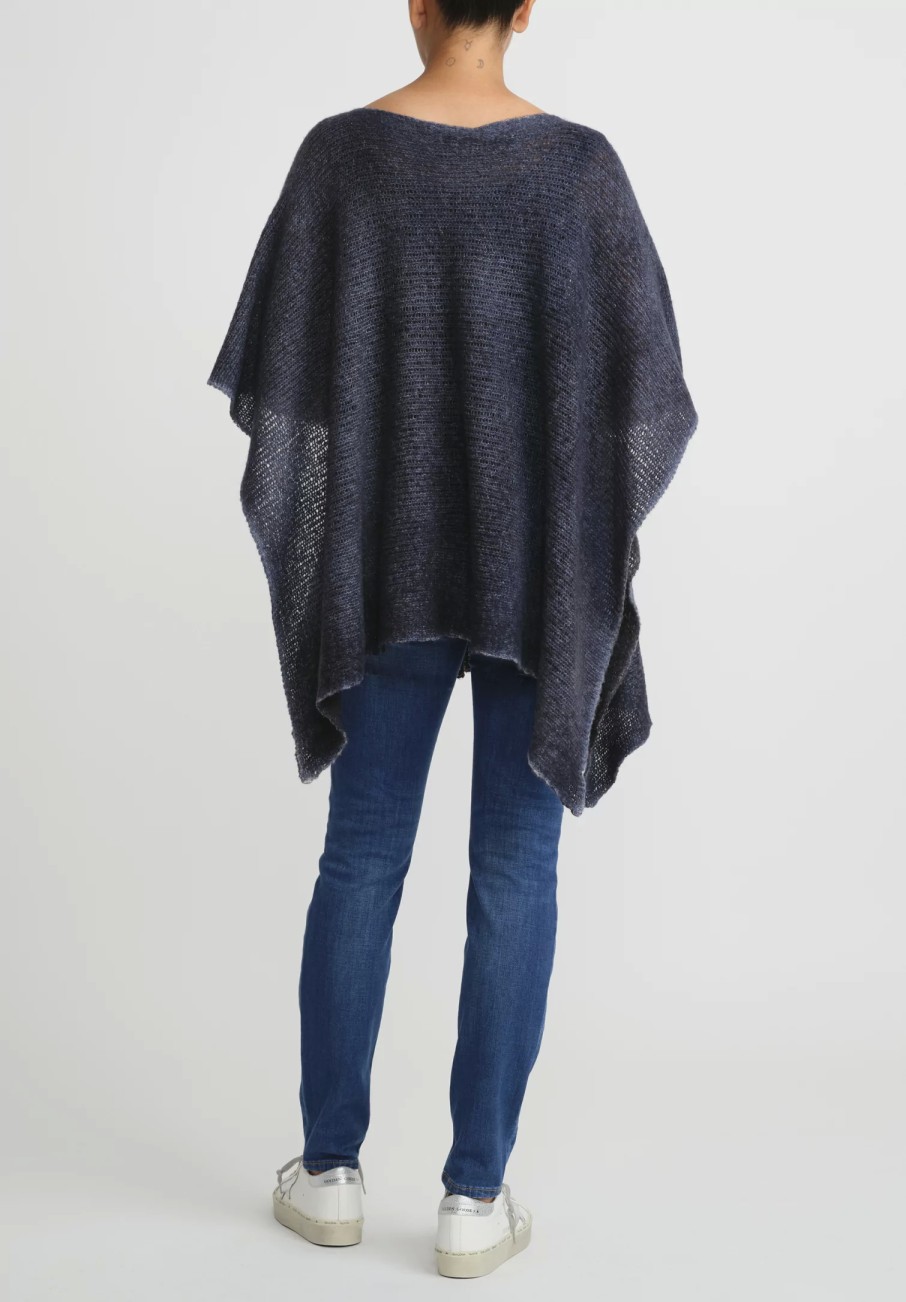 Avant Toi Ponchos | Hand-Painted Cashmere & Silk Loose Knit Poncho In Nero Midnight Blue