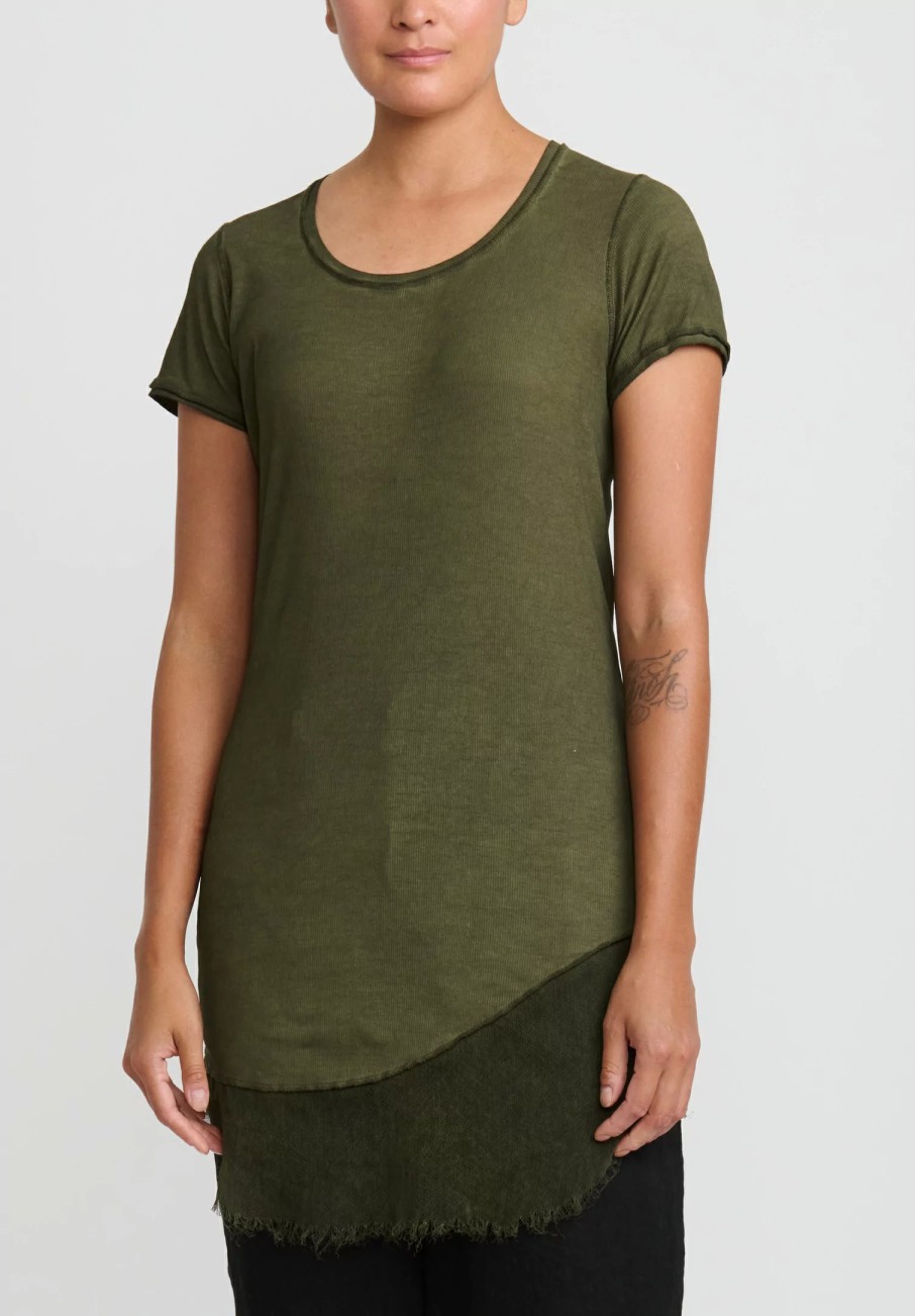 Rundholz Dip Tops | Cotton & Mesh Short Sleeve T-Shirt In Olive Cloud Green