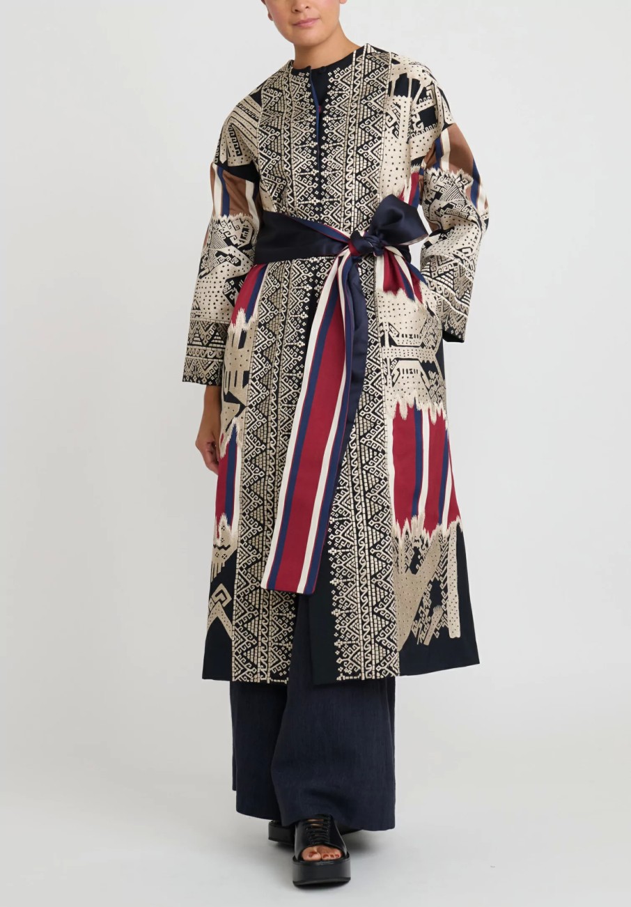 Biyan Decorative Coats | Cotton & Silk Embroidered Long Rilamaya Coat In Dark Navy Blue