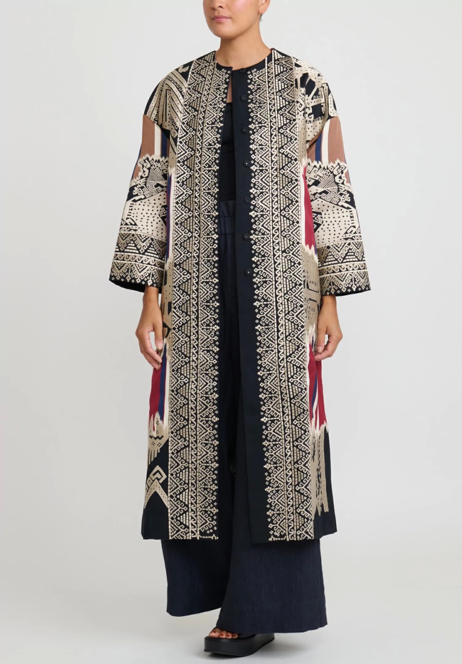 Biyan Decorative Coats | Cotton & Silk Embroidered Long Rilamaya Coat In Dark Navy Blue