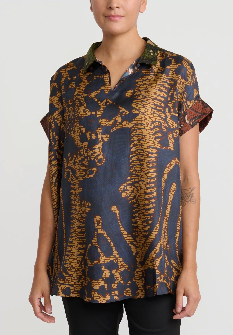 Biyan Shirts & Blouses | Silk ''Jaime'' Top In Olive Green & Terracotta Brown