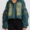 Rundholz Dip Jackets | Cotton Distressed Denim Jacket With Exaggerated Zipper Sleeves In Schilf Blue