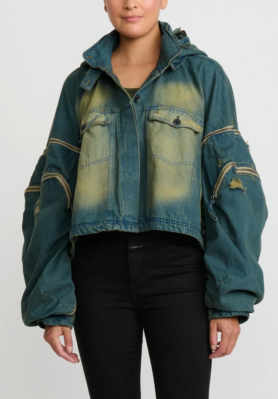 Rundholz Dip Jackets | Cotton Distressed Denim Jacket With Exaggerated Zipper Sleeves In Schilf Blue