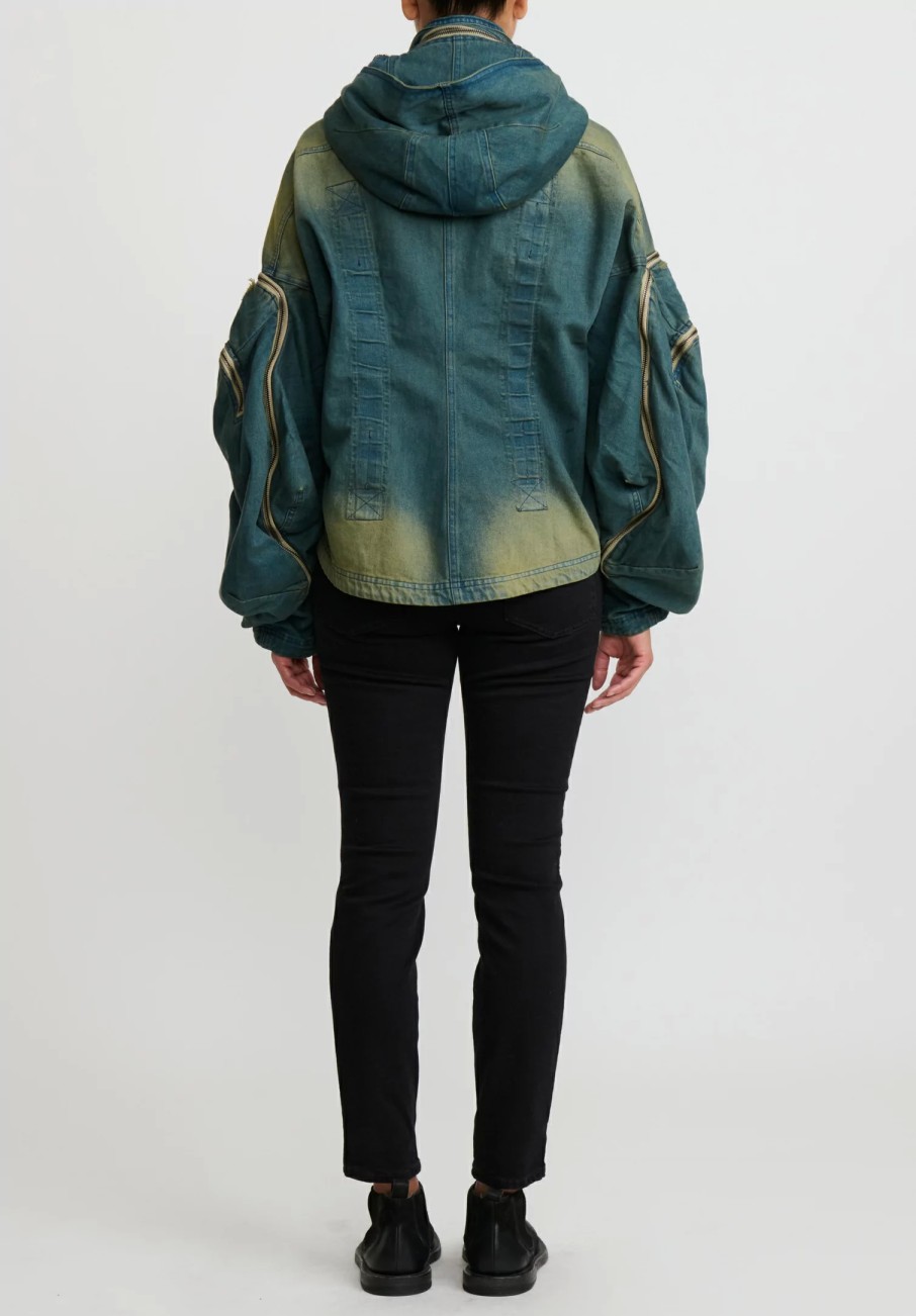 Rundholz Dip Jackets | Cotton Distressed Denim Jacket With Exaggerated Zipper Sleeves In Schilf Blue