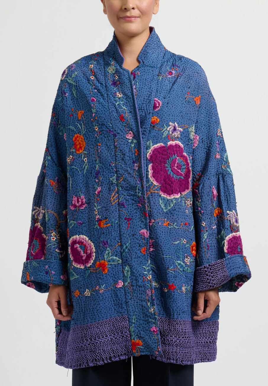 By Walid One Of A Kind | Silk Piano Shawl Basma Coat In Blue Purple Flowers