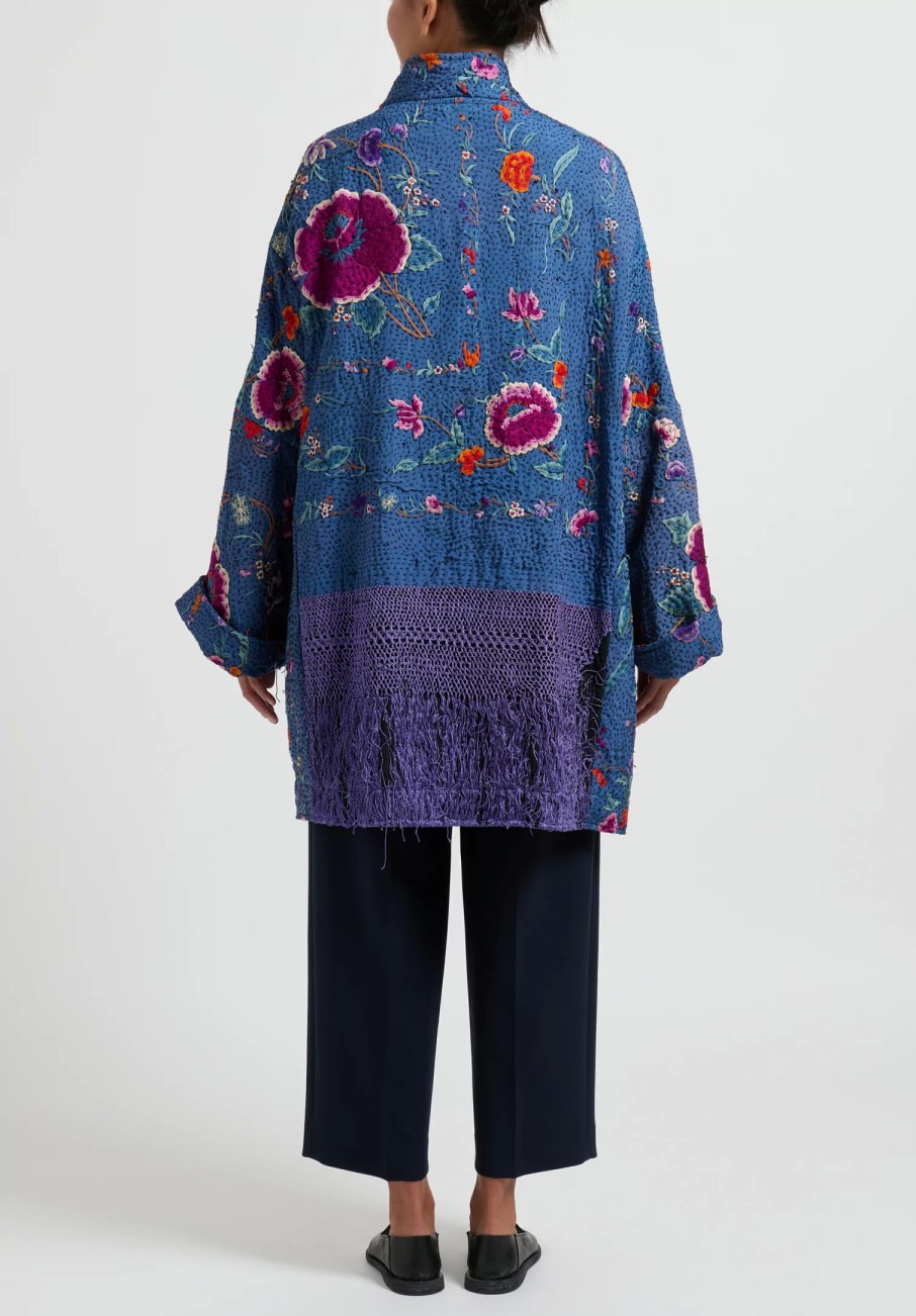 By Walid One Of A Kind | Silk Piano Shawl Basma Coat In Blue Purple Flowers