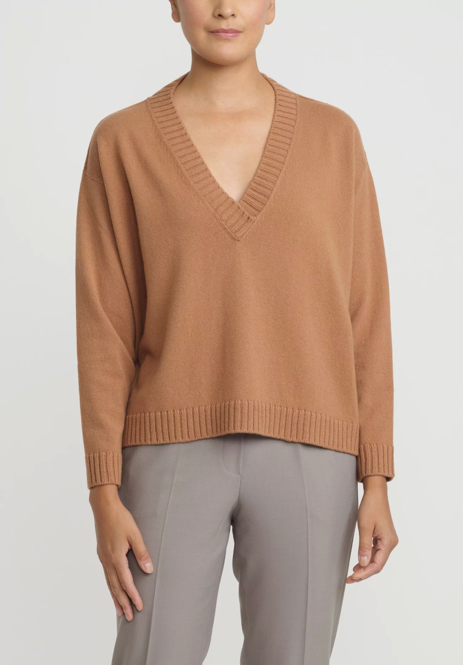 Antonelli Knitwear | Virgin Wool Gaeta V Neck Sweater In Tan