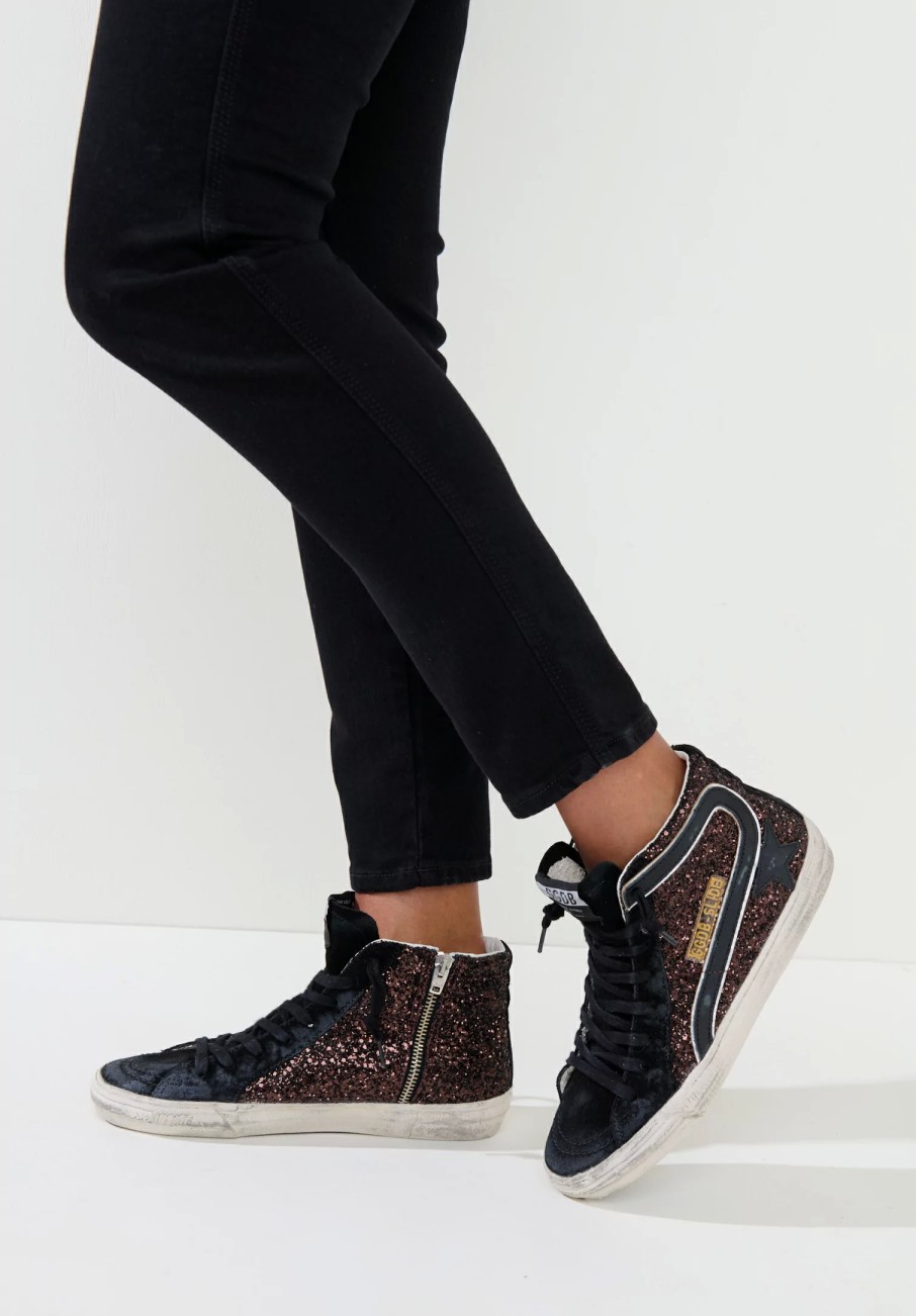 Golden Goose Sneakers | Glitter & Suede Slide Classic Leather Star & Wave Sneaker