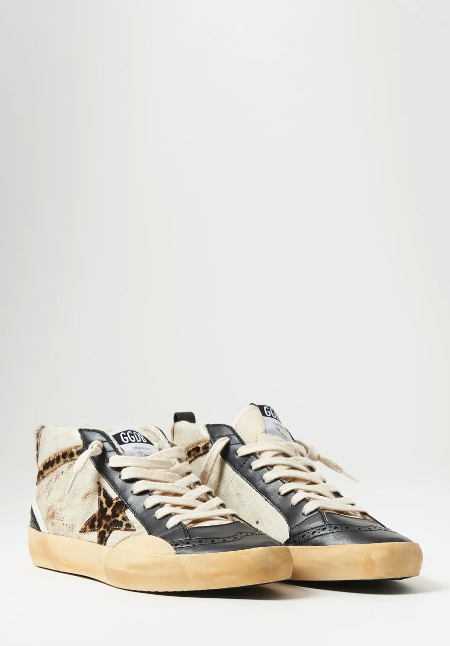 Golden Goose Sneakers | Leather & Cheetah Mid Star Classic Sneakers In Black, White & Cheetah