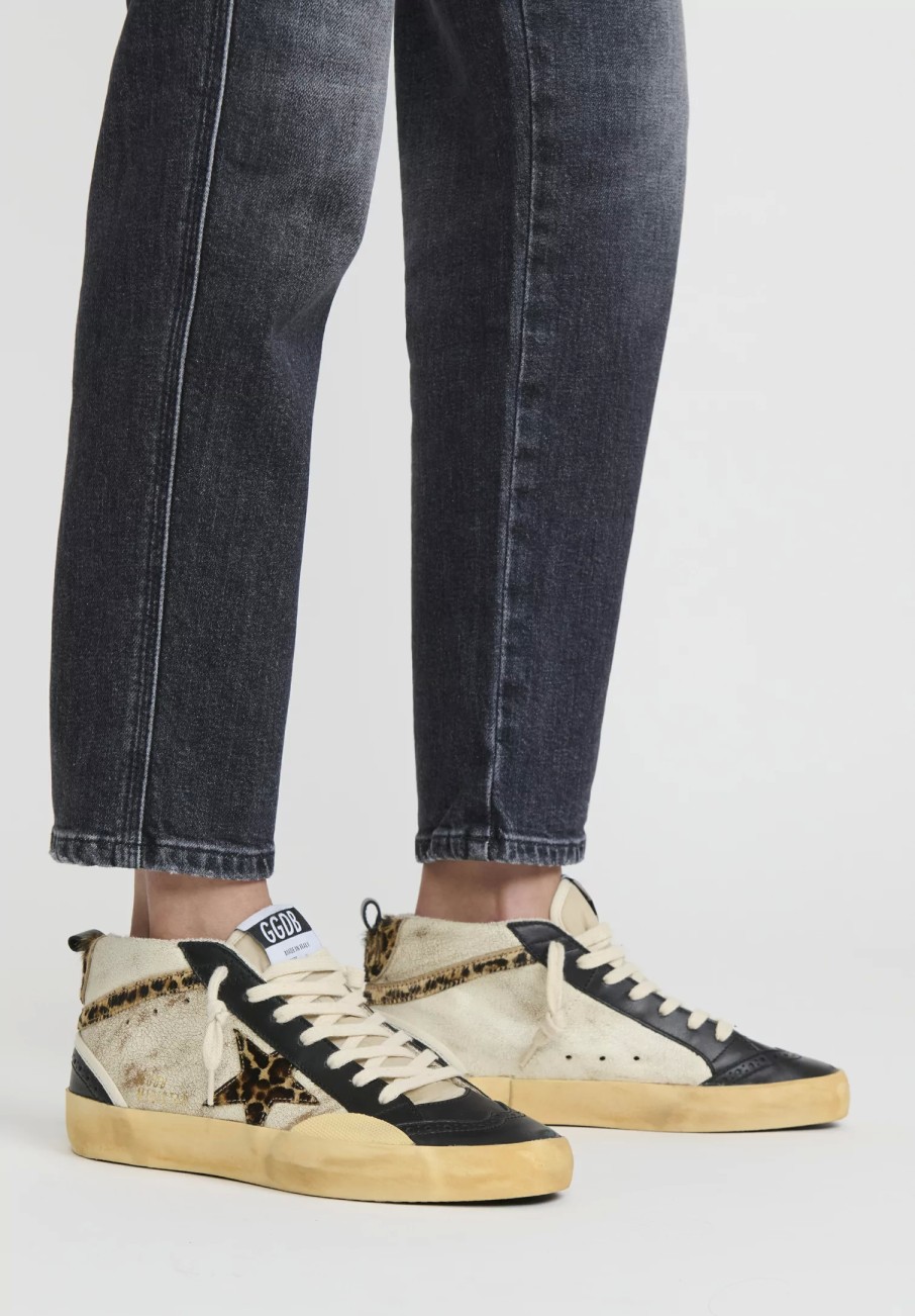 Golden Goose Sneakers | Leather & Cheetah Mid Star Classic Sneakers In Black, White & Cheetah