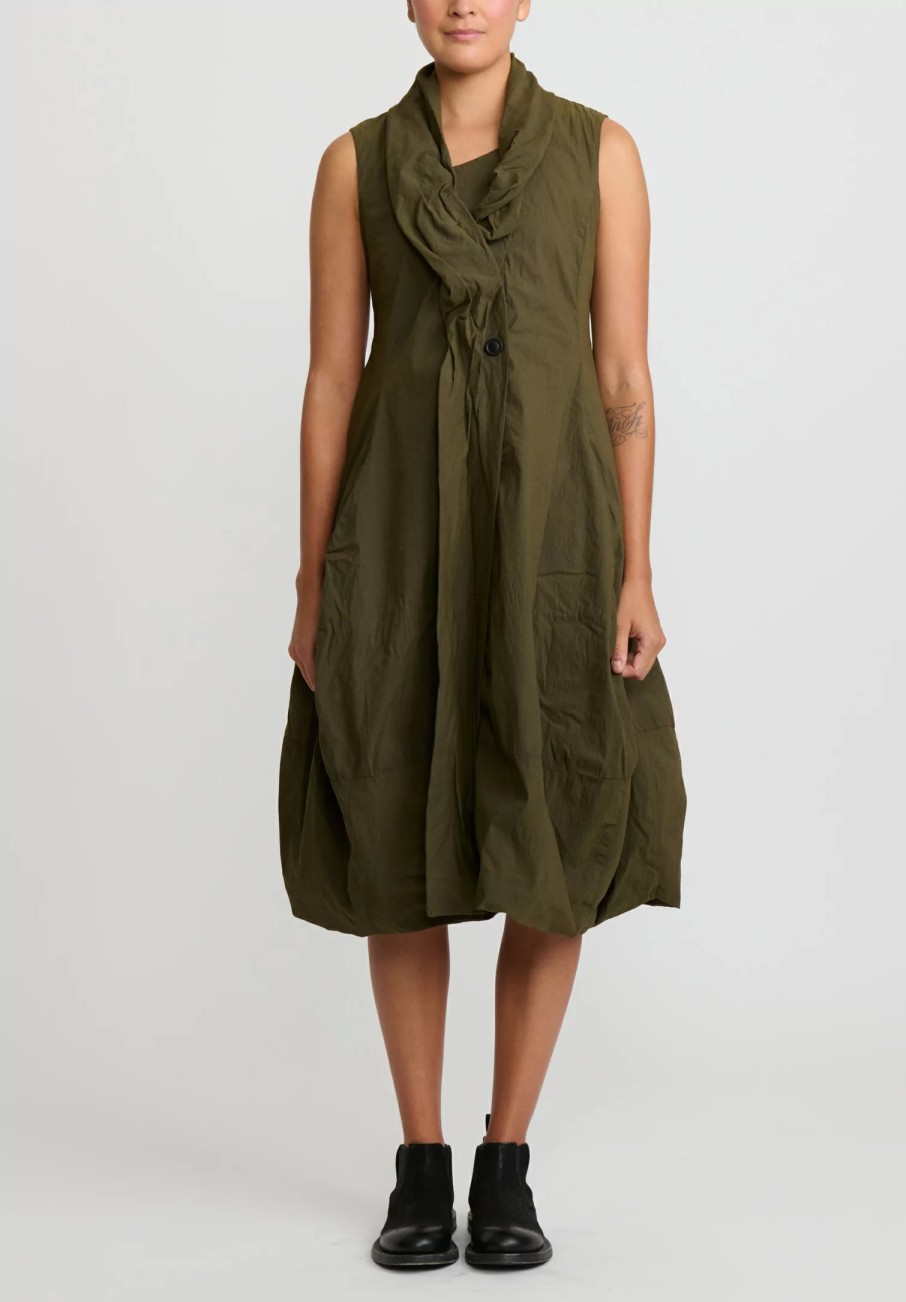 Rundholz Dip Dresses | Cotton Ruched Neck, Button Front Tulip Dress In Khaki Green