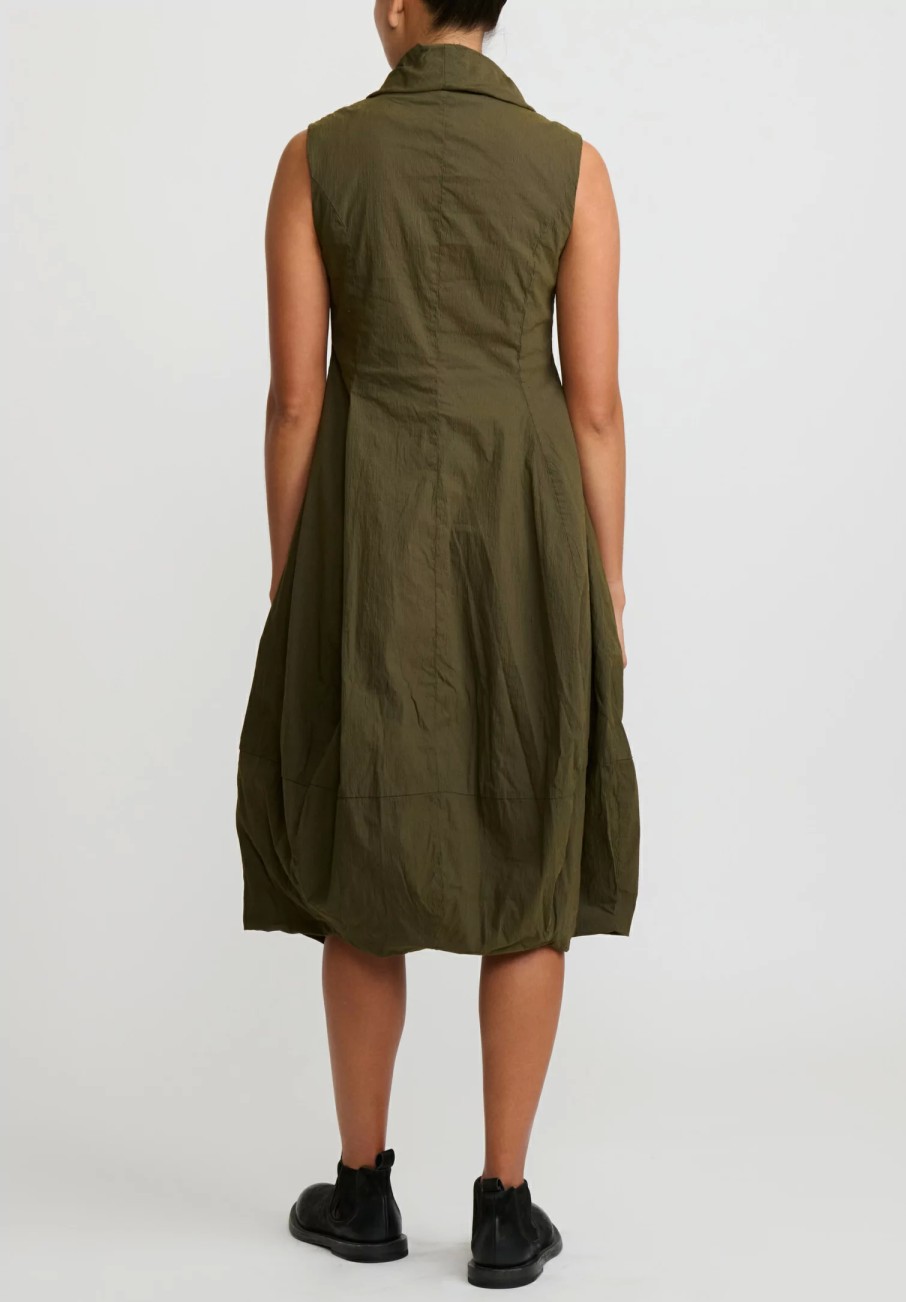 Rundholz Dip Dresses | Cotton Ruched Neck, Button Front Tulip Dress In Khaki Green