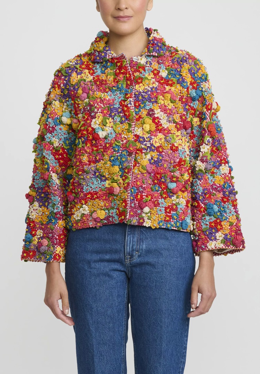 Péro Jackets | Crochet & Beaded Mille Fleur Jacket In Red & Yellow Multicolor