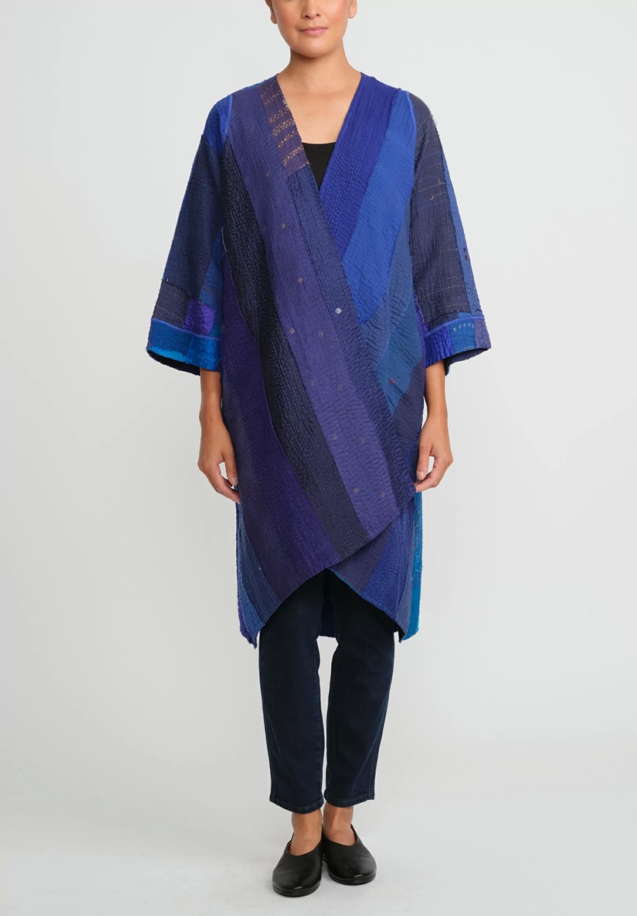 Mieko Mintz Jackets | 4-Layer Vintage Cotton & Silk Wrap Flare Coat In Stripe & Chech Blue