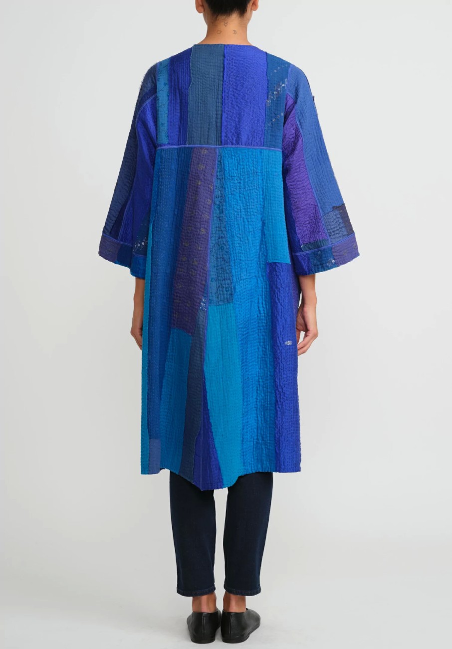 Mieko Mintz Jackets | 4-Layer Vintage Cotton & Silk Wrap Flare Coat In Stripe & Chech Blue