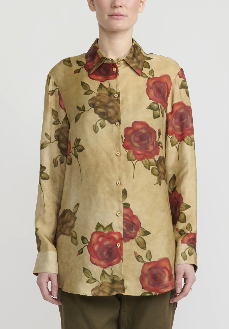 Uma Wang Shirts & Blouses | Rose Print ''Tyesha'' Shirt In Tan & Red