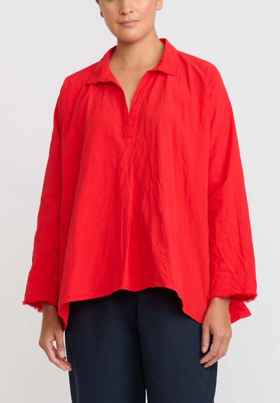 Daniela Gregis Tops | Washed Cotton Spicchi Colletto Top In Rosso Red