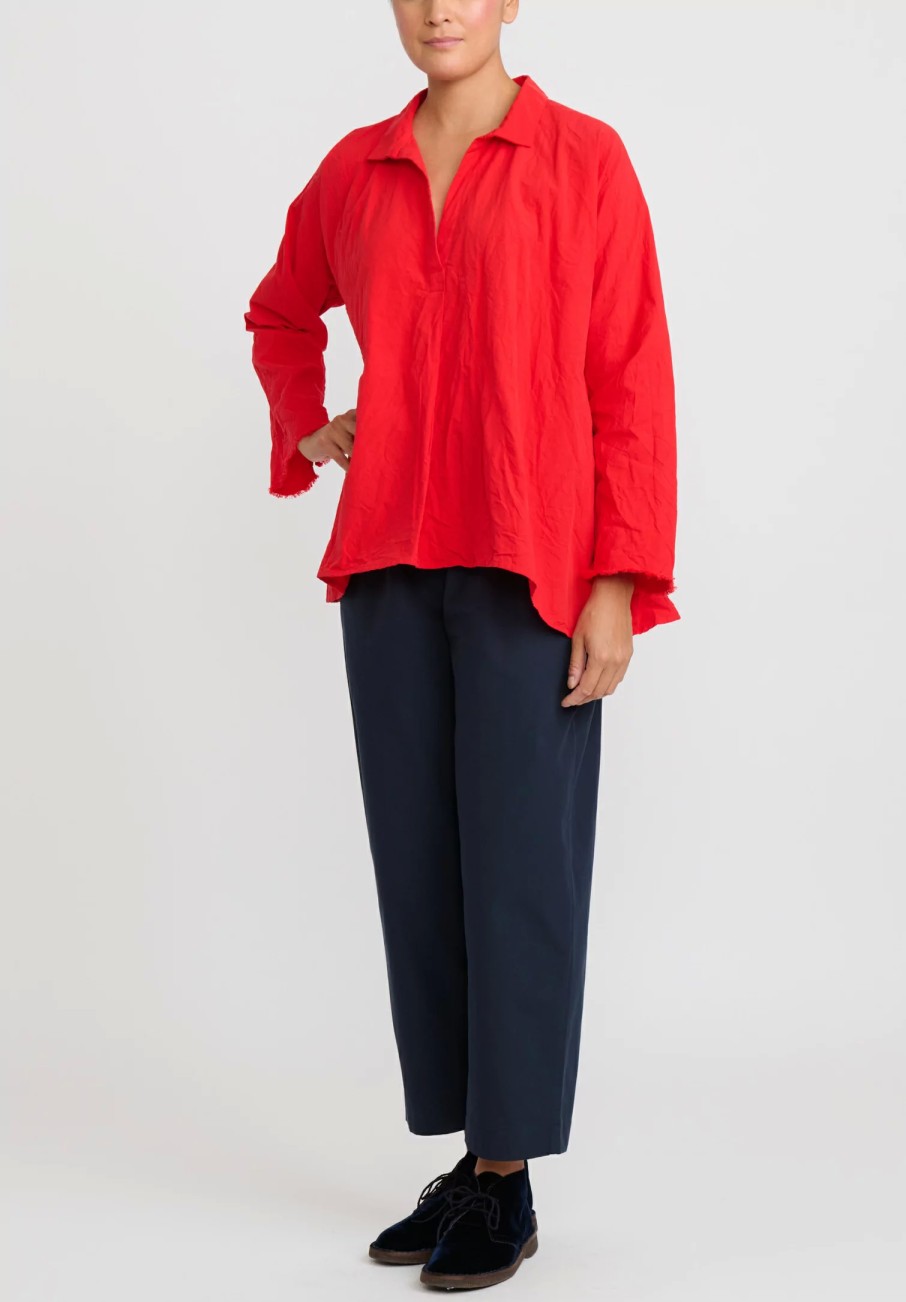 Daniela Gregis Tops | Washed Cotton Spicchi Colletto Top In Rosso Red