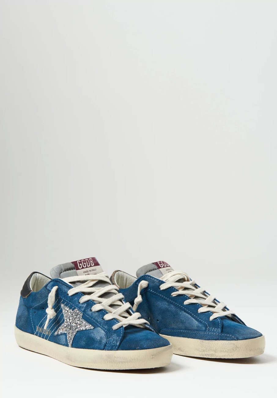 Golden Goose Sneakers | Suede Super Star Sneaker With Glitter Star In Blue, Grey, Silver & Black