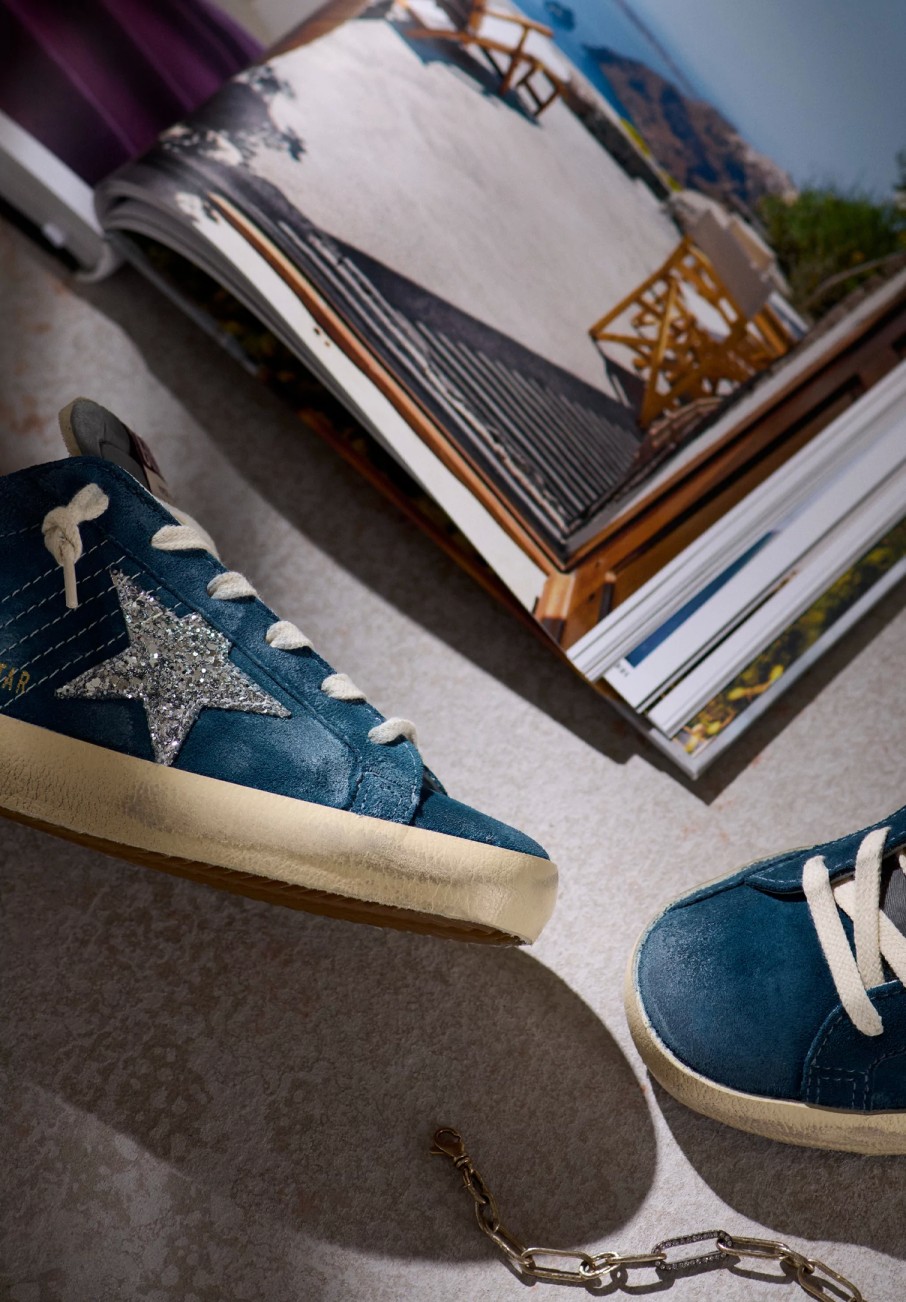 Golden Goose Sneakers | Suede Super Star Sneaker With Glitter Star In Blue, Grey, Silver & Black