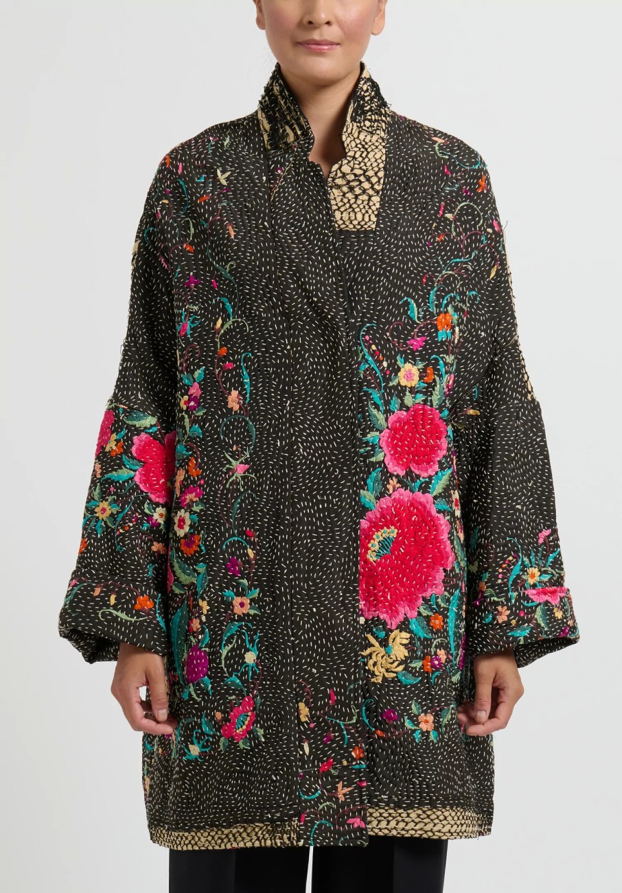 By Walid One Of A Kind | Silk Piano Shawl Basma Coat In Black & Pink Flowers