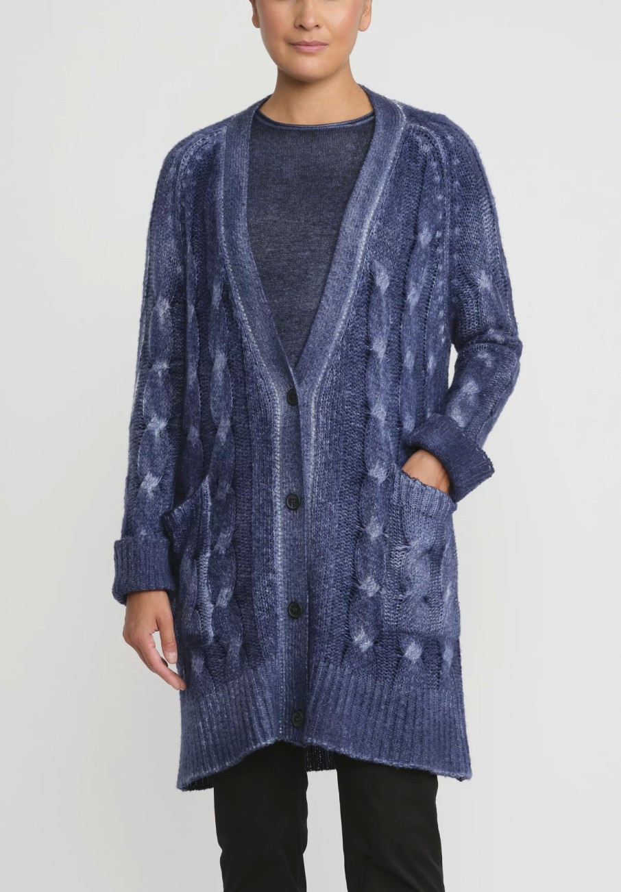 Avant Toi Knitwear | Hand-Painted Cashmere & Silk Cable Knit Cardigan In Midnight Blue