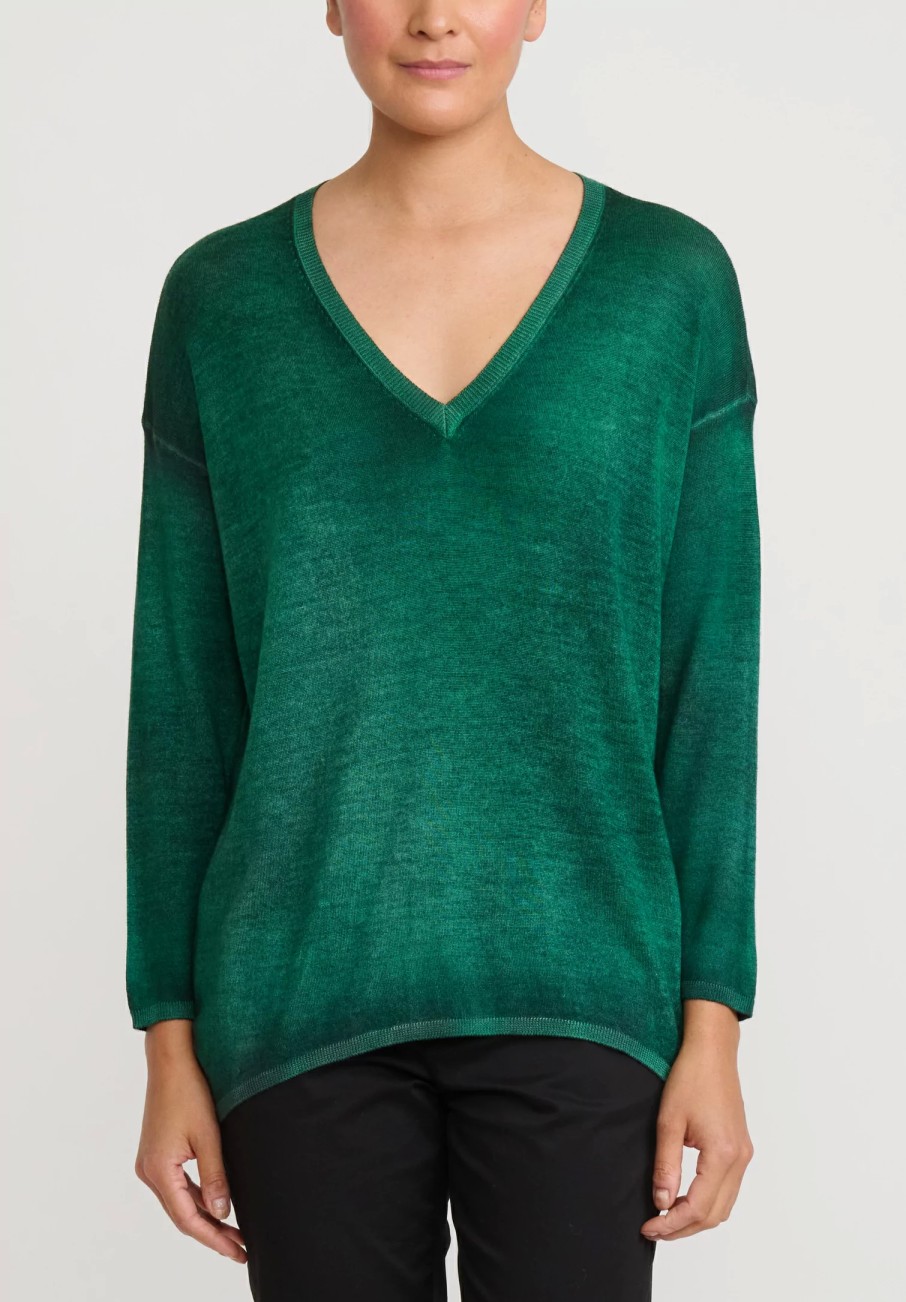 Avant Toi Knitwear | Hand-Painted Cashmere & Silk Maglia V-Neck Sweater In Nero Smeraldo Green