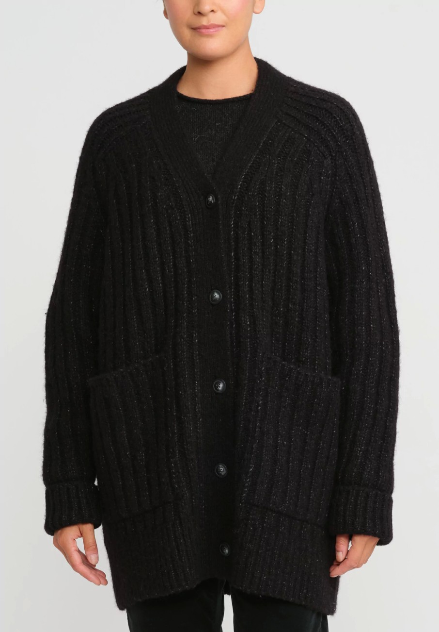 Lauren Manoogian Knitwear | Baby Alpaca Ribbed Saddle Cardigan In Black & White Fleck