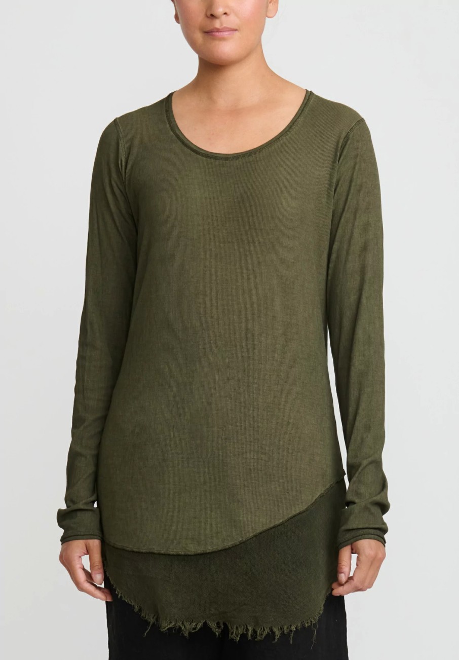 Rundholz Dip Tunics | Cotton & Mesh Long Sleeve T-Shirt In Olive Cloud Green