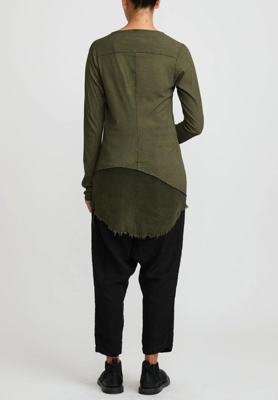 Rundholz Dip Tunics | Cotton & Mesh Long Sleeve T-Shirt In Olive Cloud Green