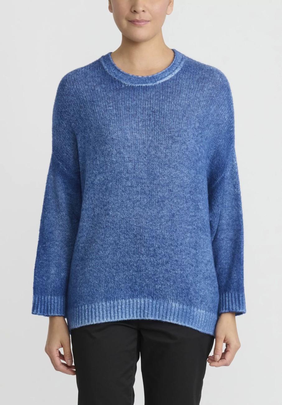 Avant Toi Knitwear | Hand-Painted Brushed Crewneck Sweater In Genziana Blue