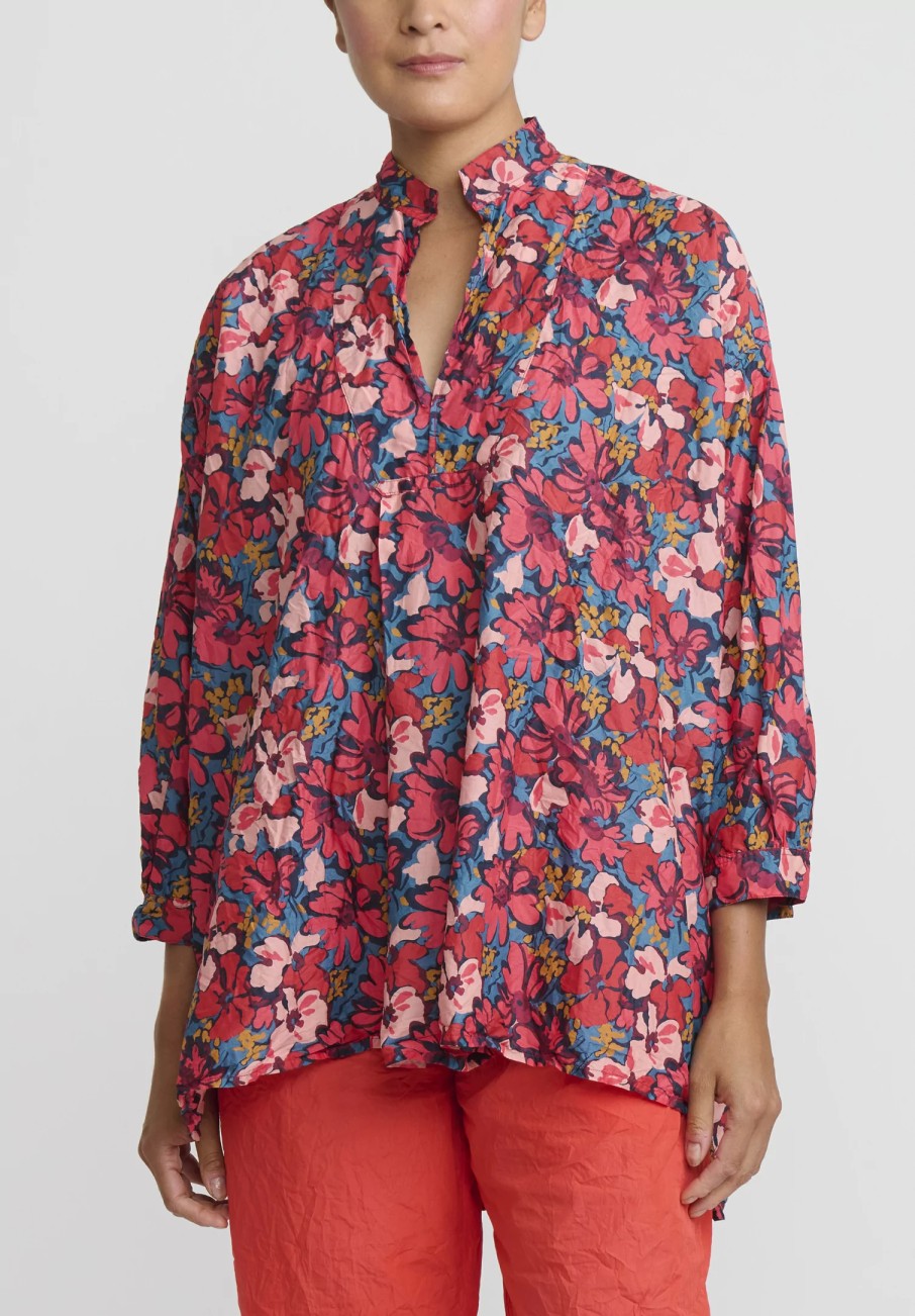 Daniela Gregis Tops | Washed Cotton Kora Top In Turquoise Blue & Pink Flowers