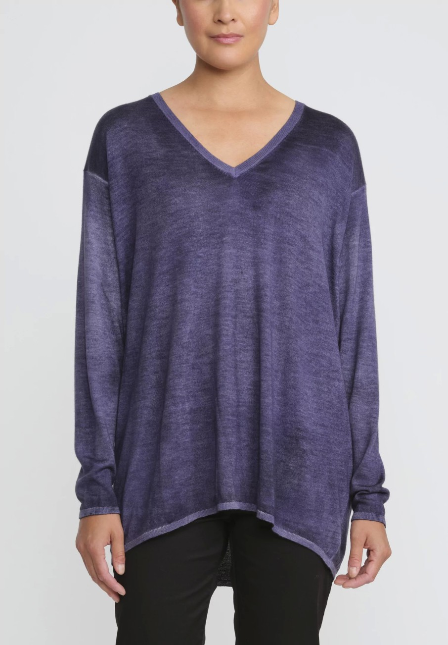 Avant Toi Knitwear | Hand-Painted Cashmere & Silk V-Neck Sweater In Nero Prune Purple