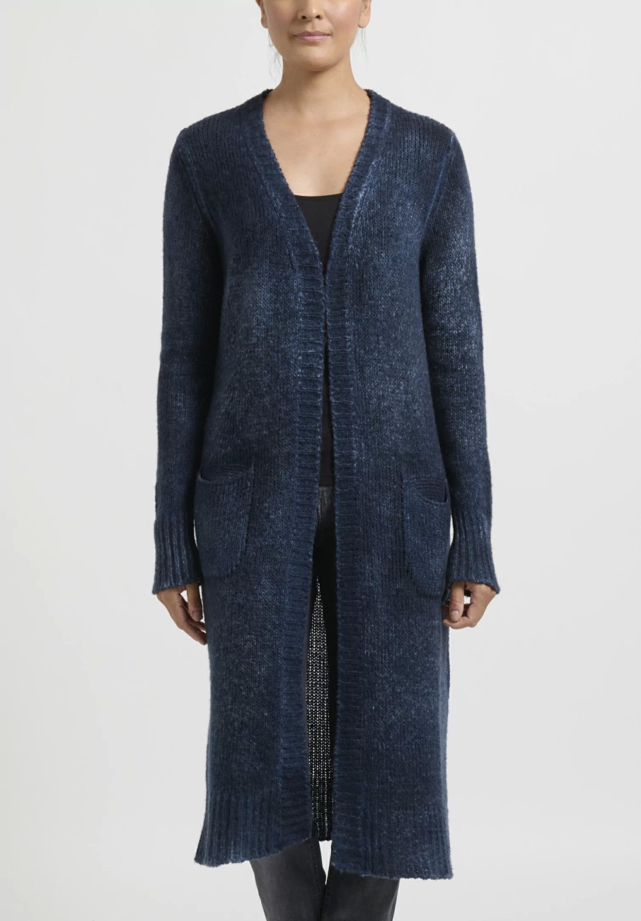 Avant Toi Knitwear | Hand-Painted Cashmere & Wool Long Cardigan In Nero Lake Blue