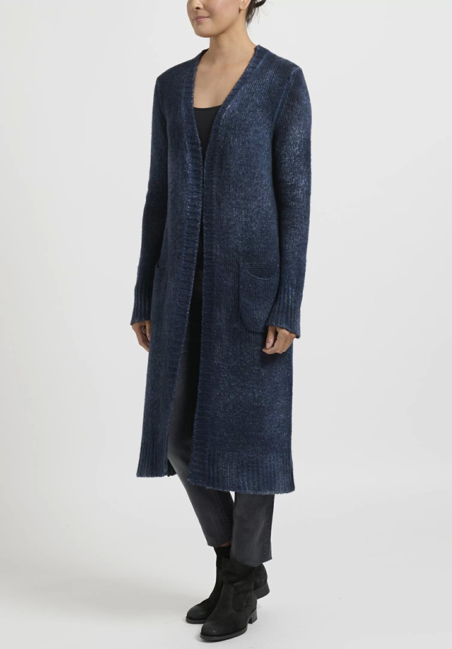 Avant Toi Knitwear | Hand-Painted Cashmere & Wool Long Cardigan In Nero Lake Blue