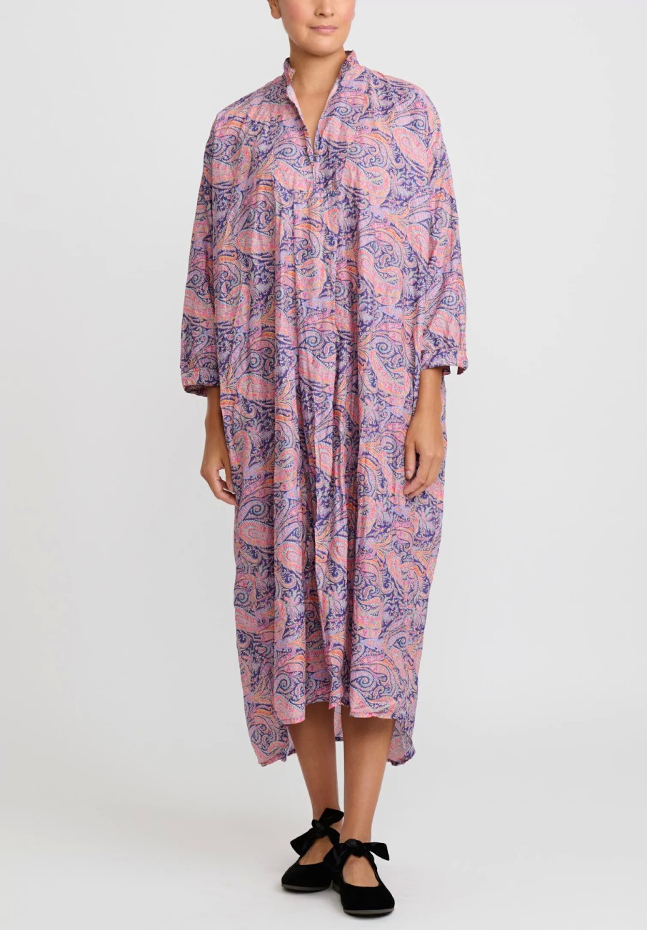 Daniela Gregis Dresses | Washed Cotton Long Kora Shirt Dress In Cachemire Blue, Orange & Violet Paisley